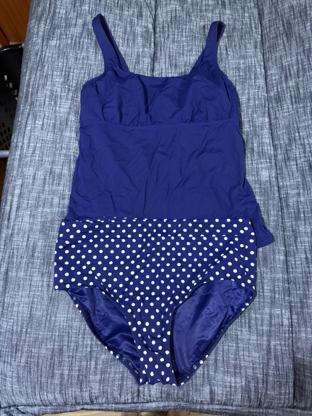 Lands' End Solid Navy Top and Polka Dot Swim Bottoms